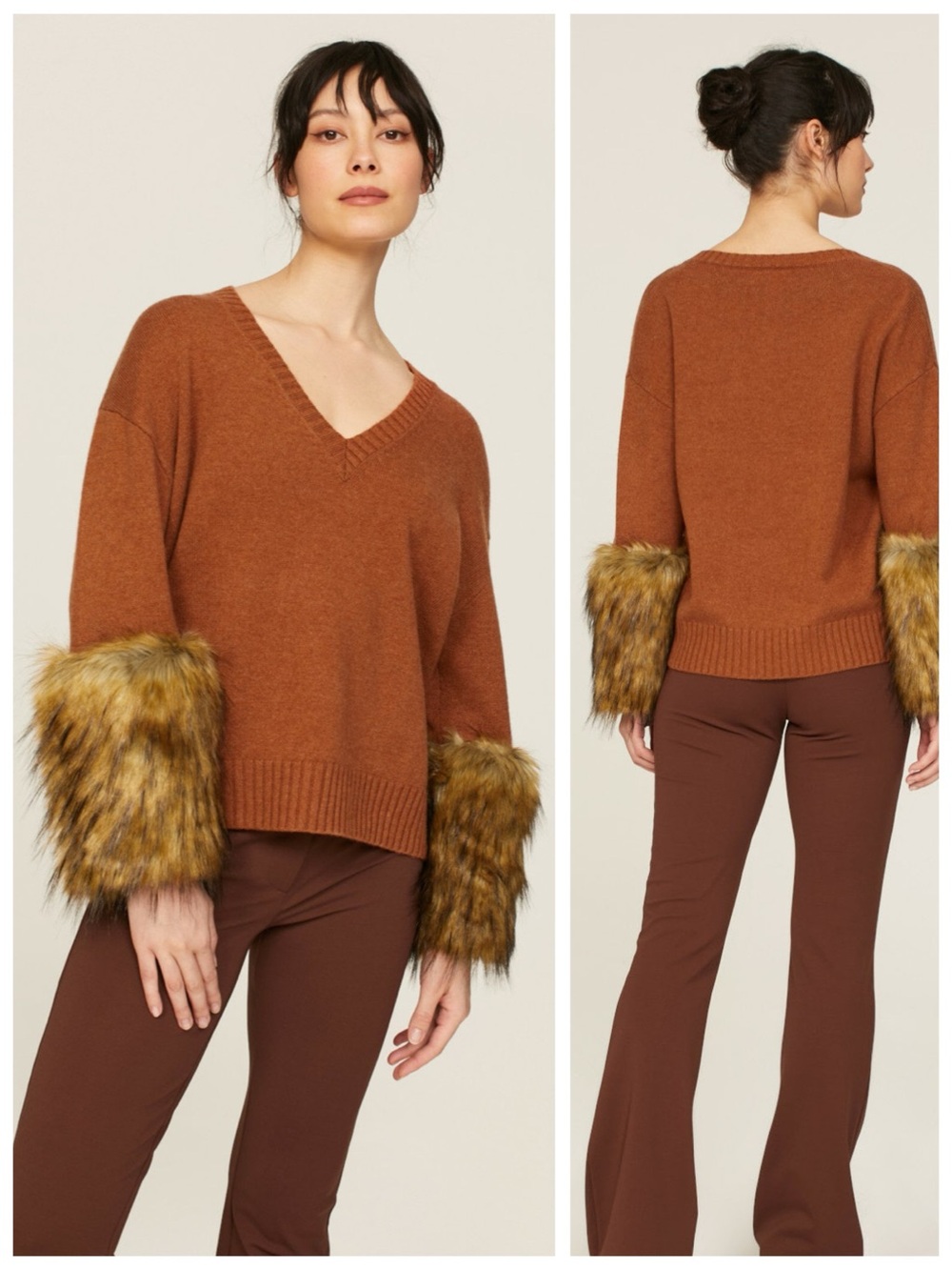 NAADAM Cashmere Faux Fur Trim V-Neck Sweater, Rust Brown Luxury Knit sz. XS